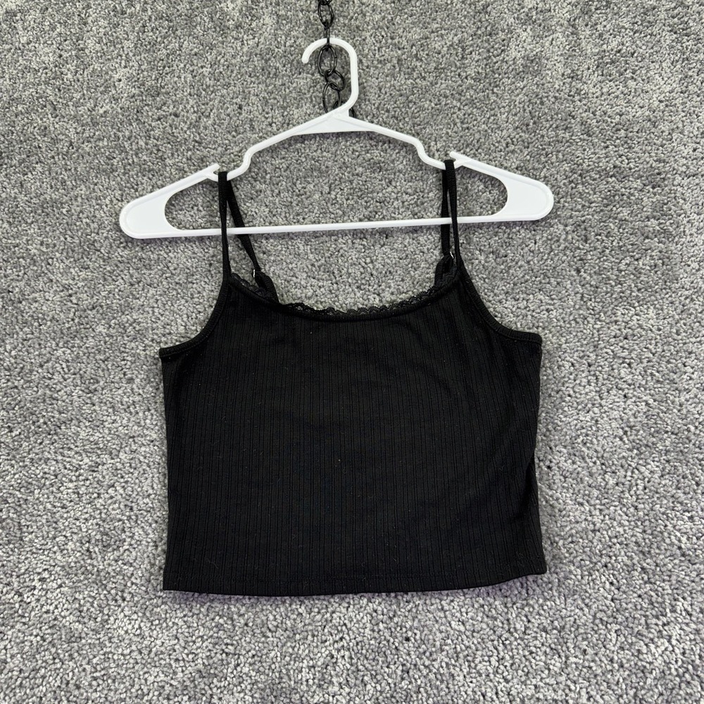 Forever 21 Tank Top Womens S Black Ribbed Cropped Camisole Adjustable Straps